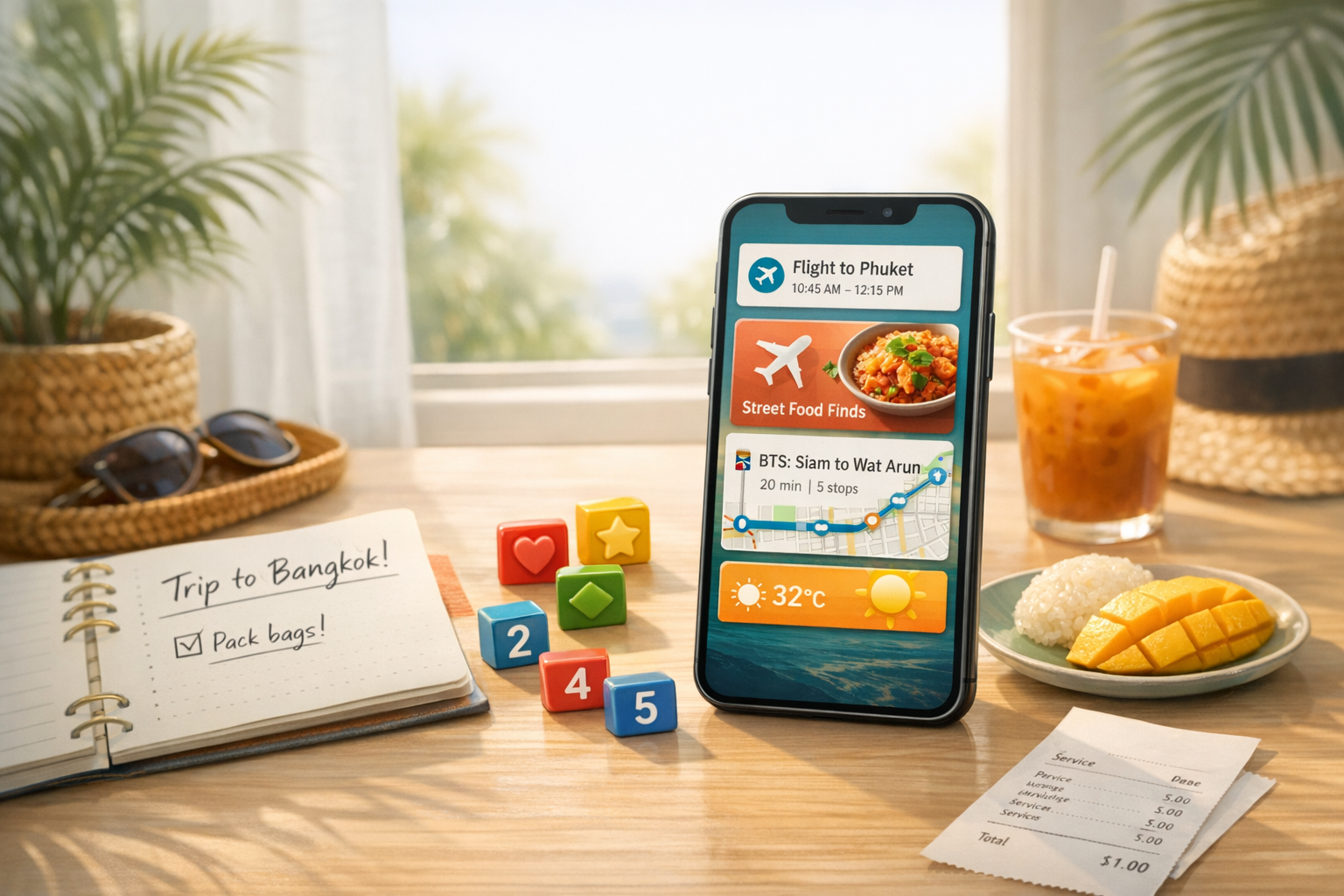 Smartphone with travel app cards and simple game tiles on a bright Thailand-inspired desk